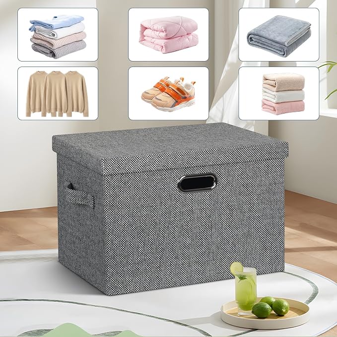 Storage Bins with Lids Fabric Closet Organizers Cubes Office Organization | 36 Quart 3 Pack Black and White Mix Collapsible Stackable Linen Fabric 4 Handles Bedroom Closet Cabinet Under Bed Clothes Toy