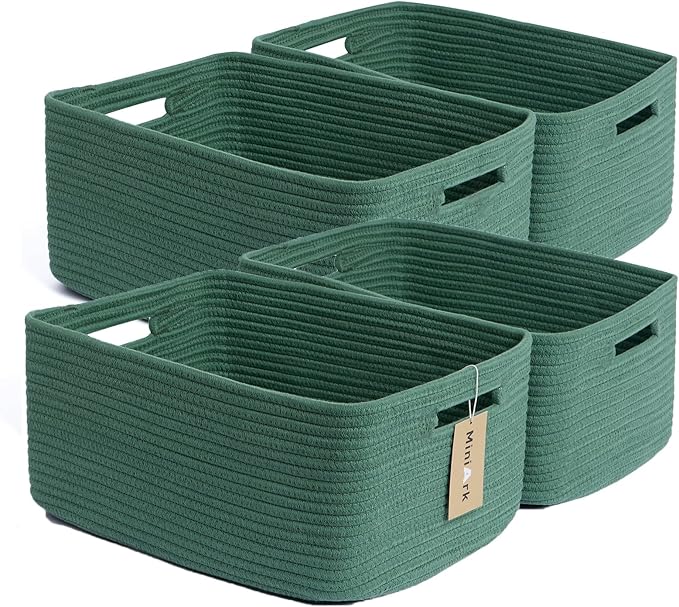 MiniArk Large Storage Baskets for Organizing, 17 x 13 x 7.5” Closet Shelf Baskets for Clothes Blanket Towels, Baby Nursery, Toy Bins Box, Woven Rope Baskets, 4 Packs Green