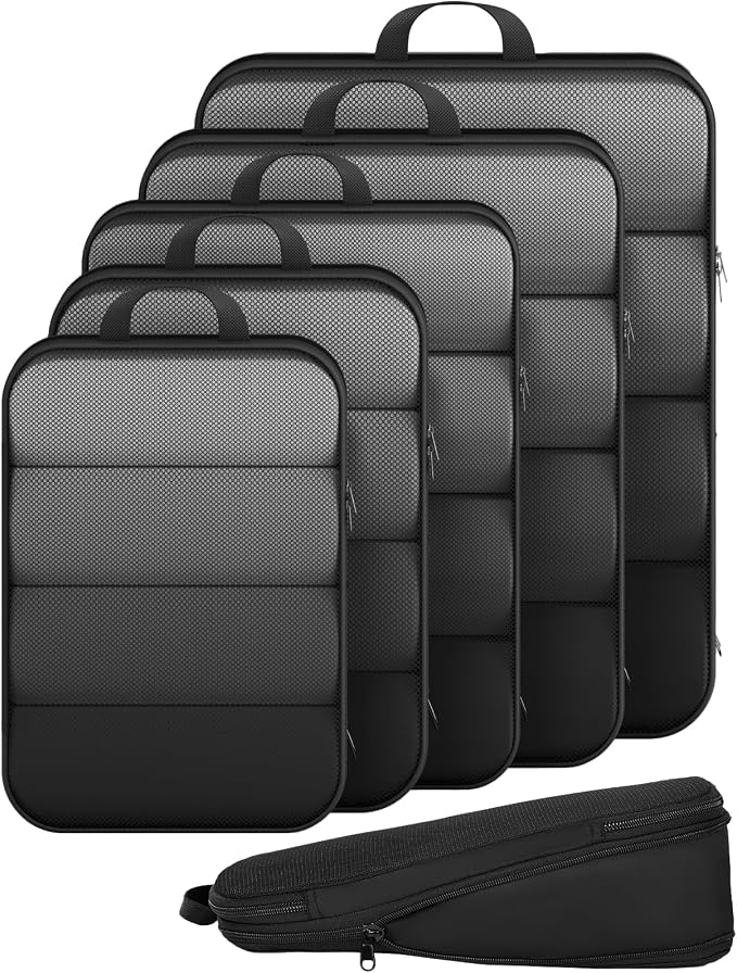 Veken 6/9/11 Set Compression Packing Cubes Garment Bags for Travel Essentials,Compressible Expandable Luggage Organizer Bags for Clothing,Space Saver Bags with Over 1000 pcs of Mesh Holes(Black)