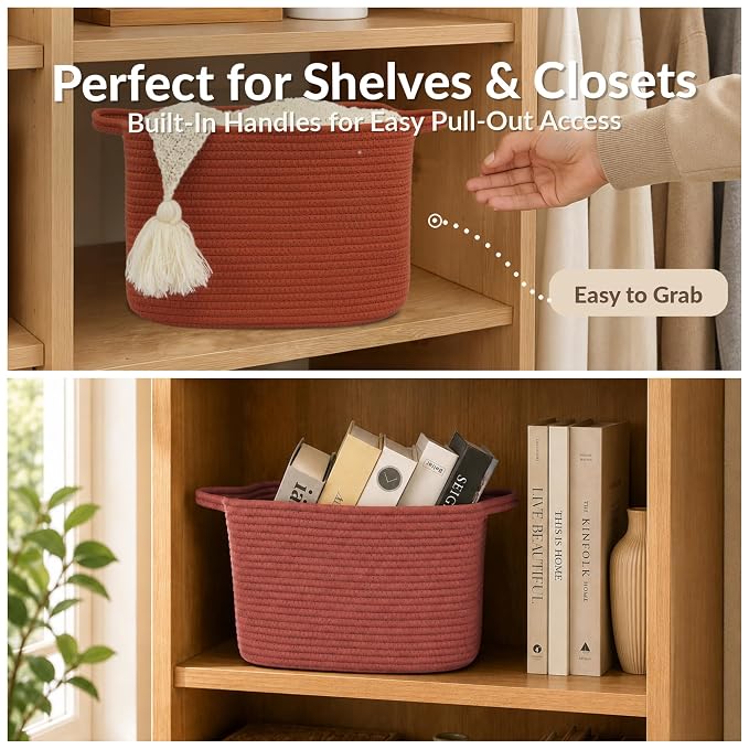 XUANGUO Woven Cotton Rope Storage Basket with Handles 13x10x9 inch Rustic | Woven cotton rope basket for shelves and closets. Perfect for toys, books, clothes, nursery storage and gift baskets.
