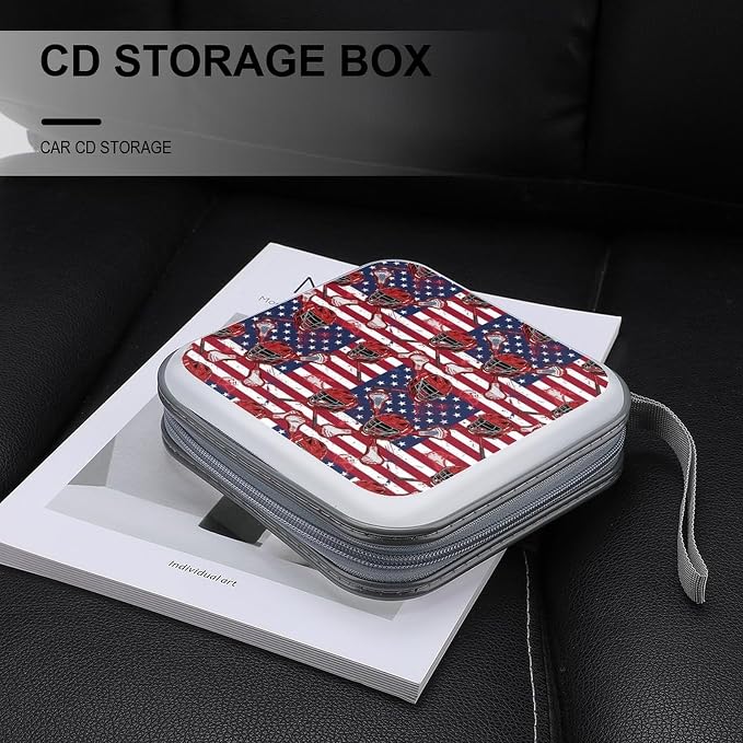 Portable DVD CD Organizer Wallet Lacrosse American Flag, 40-Capacity Hard Case with Strap, Protective Storage Binder for Car Home