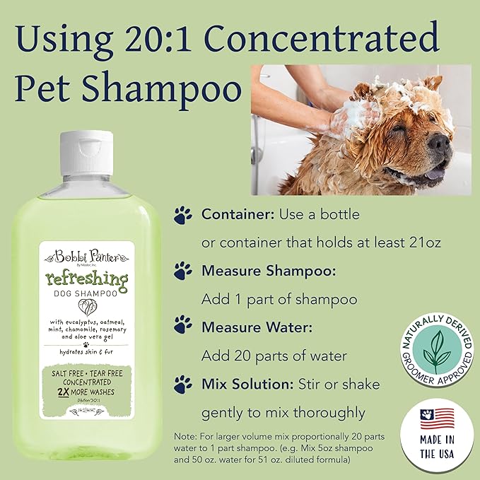 Bobbi Panter Refreshing Dog Shampoo Eucalyptus, Mint, Chamomile & Rosemary – Hydrating Natural Formula for Clean Fresh Coat, Tear-Free, 30:1 Concentrate, Made in USA, 14 oz