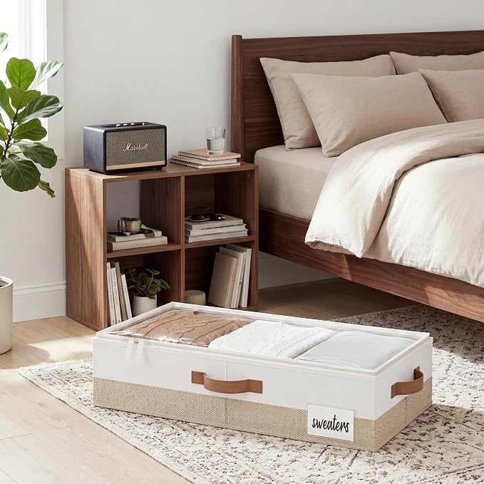 StorageWorks 5 Inch Low Profile Under Bed Storage Containers with Clear Lid | Reinforced Structure, Resists Sagging, Handles & Label Holder, Foldable Stackable Closet Storage for Clothes, Blankets, Toys
