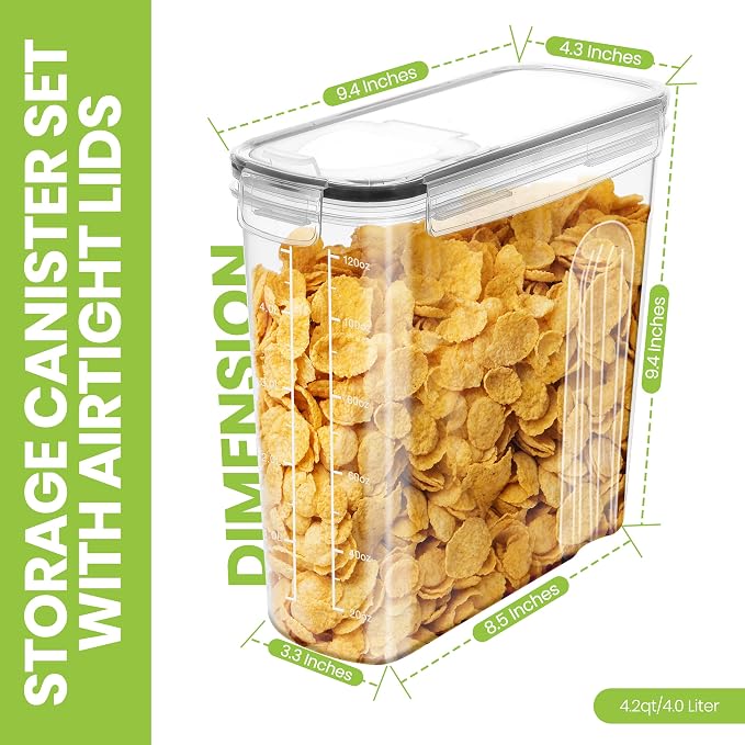Utopia Kitchen Cereal Containers Storage Set with Lids, 3 Pack, 4L, Clear | Airtight Food Storage Containers with Lids, BPA-Free Cereal Dispensers for Pantry Organization and Storage