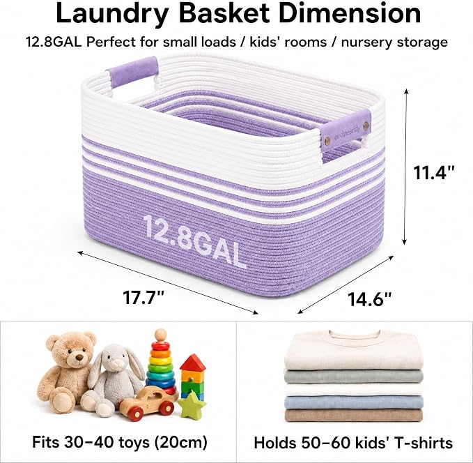 12.8GAL Small Cute laundry basket for nursery, Boho Square storage basket for Living Room Decor, Kids Girls Boys Toys Stuffed Animal Decorative Short Hamper for Dirty Clothes, Bath Towel White Purple