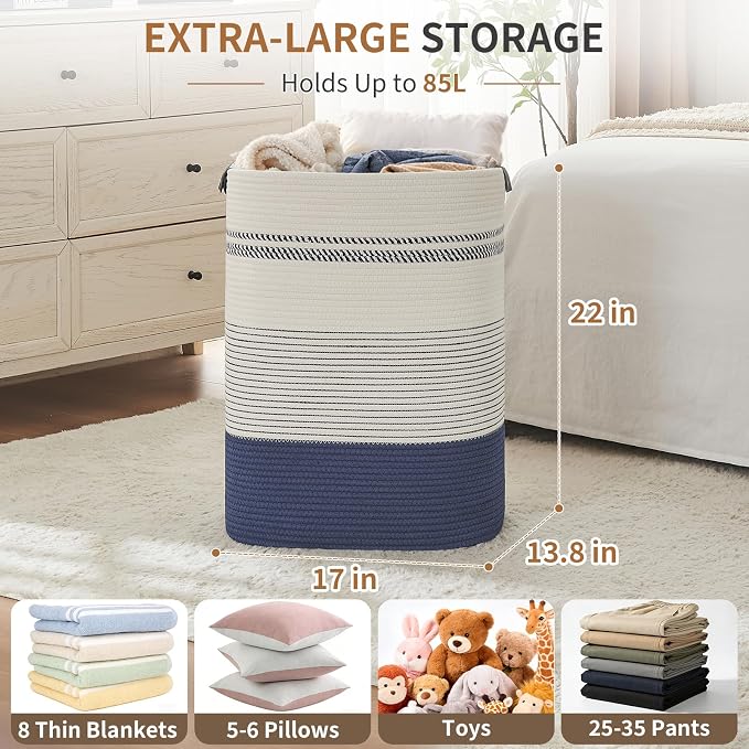 AINUOQI Large Laundry Basket - Tall Woven Rope Laundry Hamper with Leather Handles - Dirty Clothes hamper for Living room, Bedroom, 17" X 13.8" X 22", Dark Blue & White