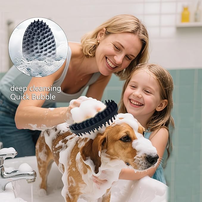 ROPO Double Sided Dog Bath Brush, Pet Grooming Tool with Long and Plum Blossom Teeth, Deep Cleaning and Massage (Black)