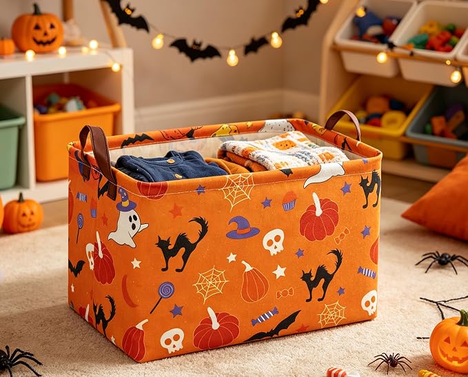 Halloween Basket Pumpkin Baskets Trick or Treat Basket Rectangular Storage Bin for Halloweens Parties(Candy Pumpkin)