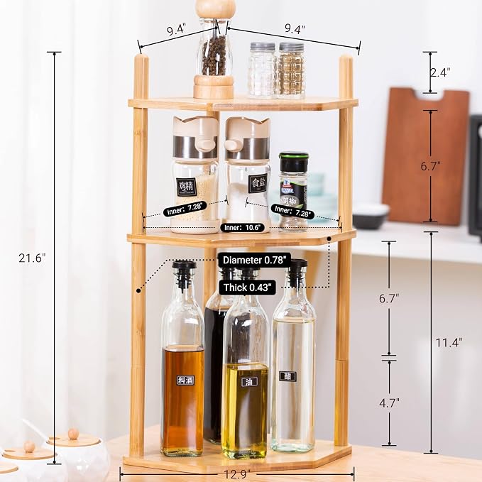 3-Tier Extra Tall Bamboo Corner Shelf, Kitchen Countertop Wine Bottle Organizer, Corner Counter Storage Rack for Pantry, Spice & Wine Organizers and Storage