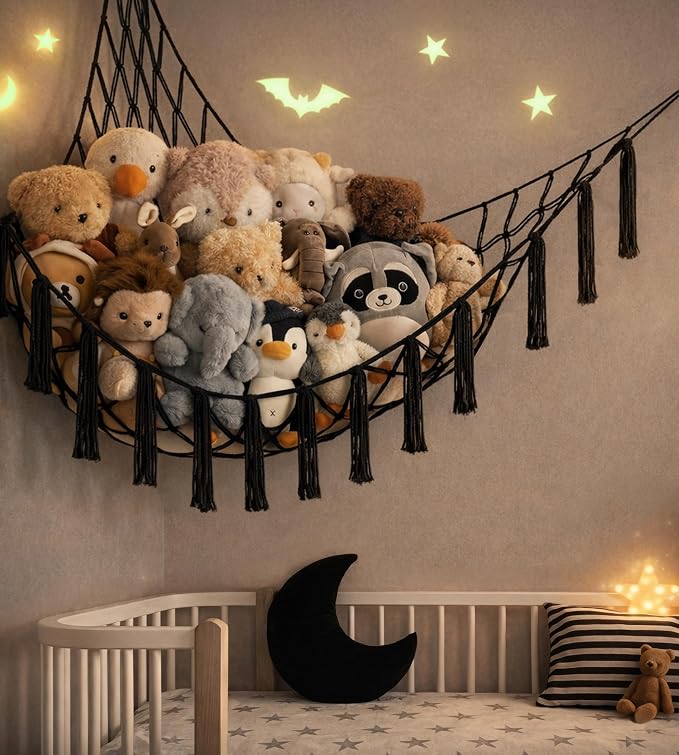 Stuffed Animal Storage Hammock or Net Corner - Large Toy Hammock Net for Stuffed Animals Room Decor - Cute Stuff Animal Organizer Plush Holder - Kids Baby Nursery Essentials Wall Bedroom Home Decor