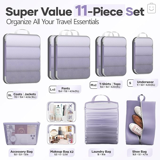 Veken 11 Set Compression Packing Cubes Garment Bags for Travel Essentials,Compressible Expandable Luggage Organizer Bags for Clothing,Space Saver Bags with Over 1000 pcs of Mesh Holes(Purple Gray)