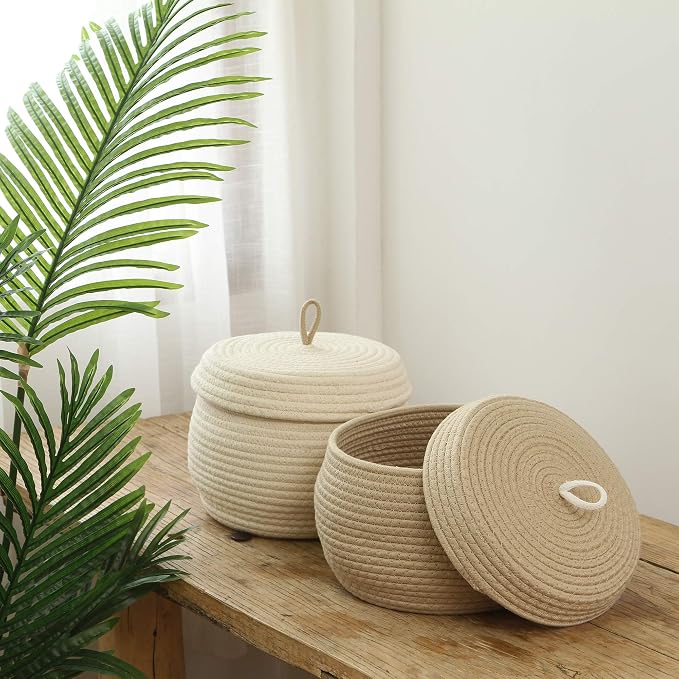 Sea Team Round Woven Cotton Rope Storage Basket with Lid, Khaki | Lidded Knitted Decorative Storage Bin, Pot, Caddy, Organizer, Container for Snacks, Towels, Plants, 10 x 7.5 Inches