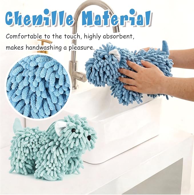 Tegeme 2 Pcs Chenille Dog Hand Towel Fuzzy Dog Towel Absorbent Microfiber Soft for Bathroom Kitchen Washstand (Green Blue)