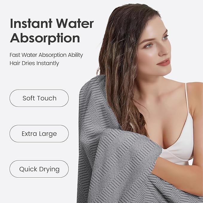JML Bath Towels Set of 2, 30" x 60", Large Microfier Body Towel for Adult, Oversized, Soft, Super Absorbent, Fast Drying, Use for Sauna, Salon, Gym,Sport, Fitness, Yoga, Diamond Cross Grid Gray