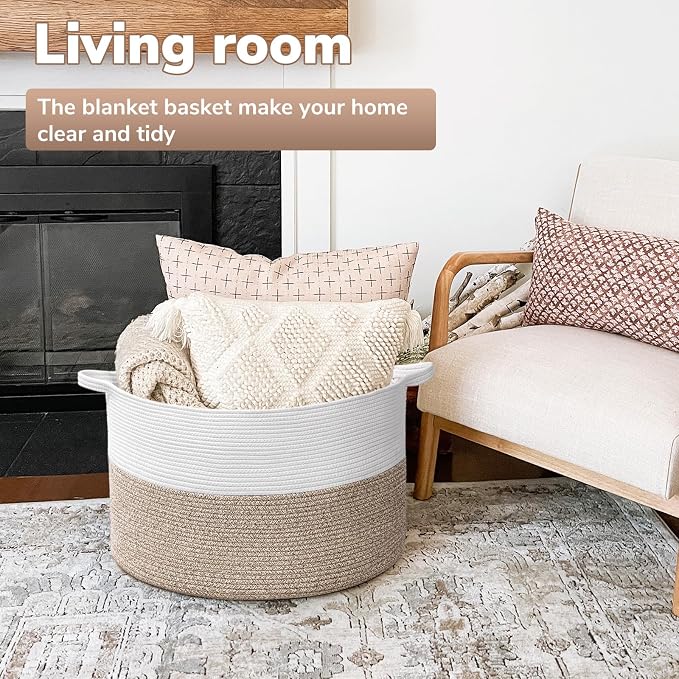 Goodpick Large Woven Basket for Blankets Fit Nursery & Living Room, 85L | 21.7 x 21.7 x 13.8 In Storage Basket for Toys Shoes, Cute Baby Laundry Hamper for Towels, Clothes, Light Brown