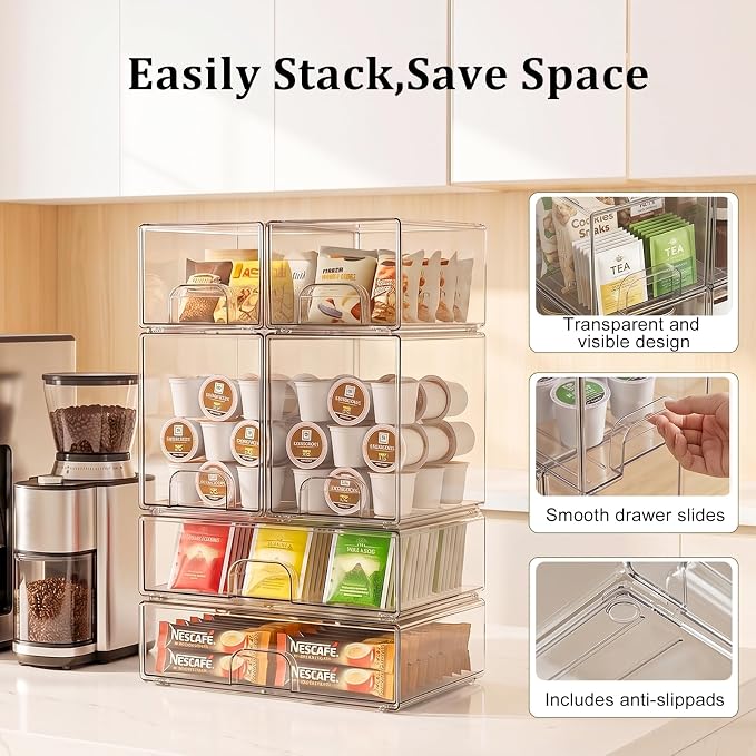 Clear Stackable Storage Drawers: Acrylic Organizer Bins 6 Pack | for Baby Bottle makeup Ideal for Countertop, Vanity, Station, Bathroom, Kichen Cabinet Pantry Organization