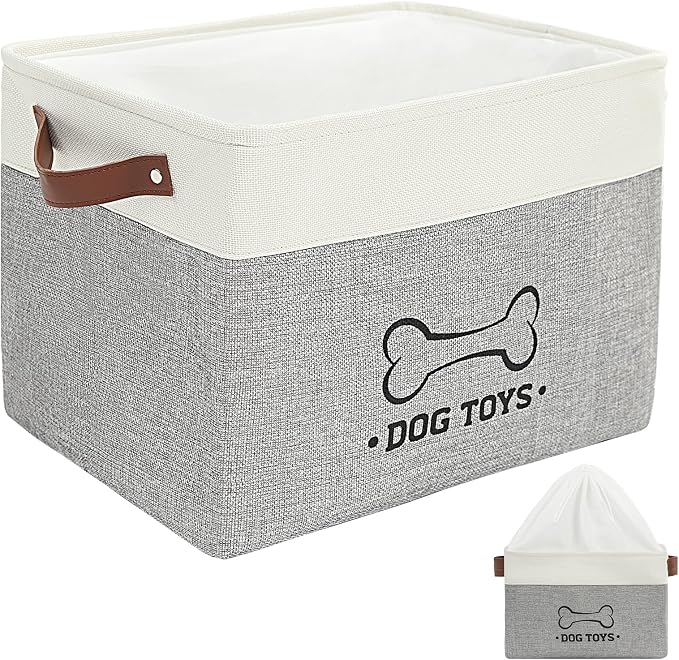 Homimp Dog Toy Basket, Dog Toy Bin Box with Comfortable Handles and Cover, Collapsible Large Pet Toy Storage Organizer for Accessories, Toys, Coat & Clothing, Blanket & Leash, Gray, 15"x13"x12"