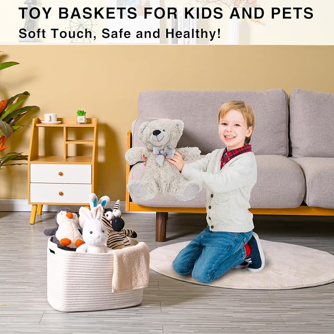 White Storage Baskets for Organizing Shelves, Woven Cotton Rope Basket for Storage, Basket for Toys Clothes Books Shoes, Organization Baskets, 14.8"×11"×9.5", Pack of 3, Off White