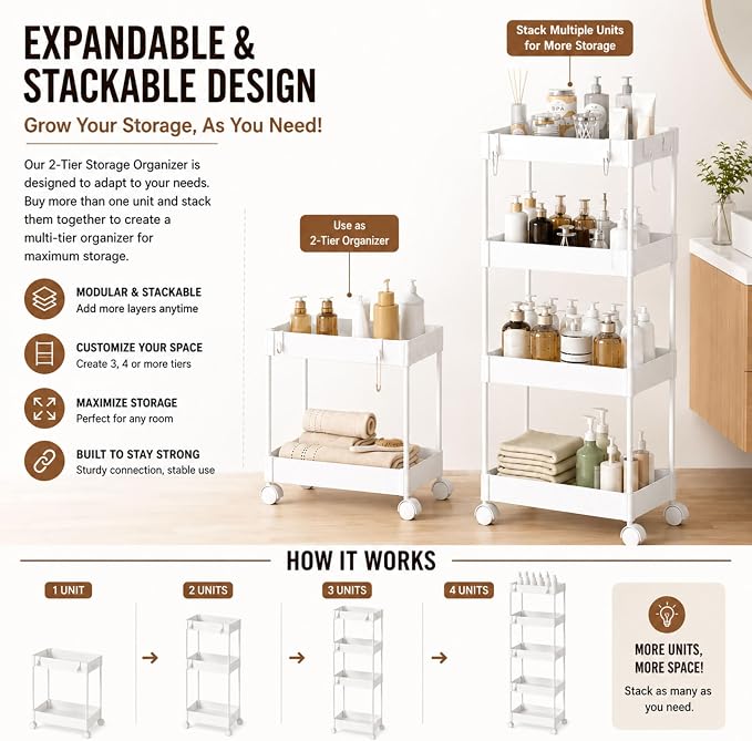 Under Sink Organizer, 2 Tier Pull-Out Storage Organizer with Sliding Drawer & Hooks, Multi-Purpose Cabinet Organizer for Kitchen, Bathroom, Pantry, Laundry Room & Office, White
