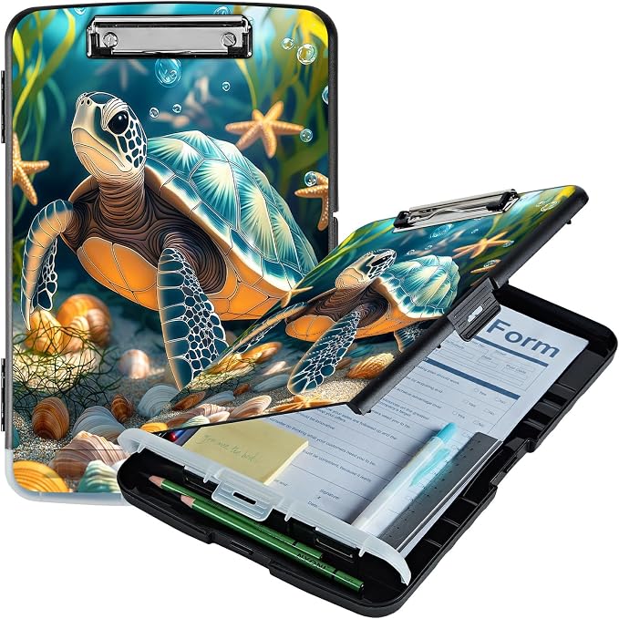 A4 Clipboard with Storage Pen Holder, Clipboards Organizer Nursing Clipboard Foldable File Folder Plastic Clipboard Folio Clip Board for Office Work Classroom Doctor, Sea Turtle Seaweed