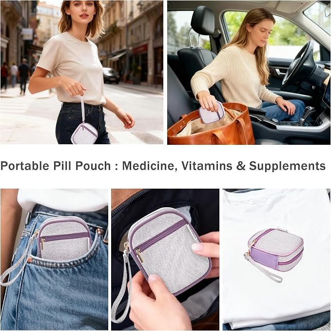 Lexeeco Travel Pill Case for Purse with Weekly Pill Organizer 2 Times a Day | Cute Am Pm Pill Box 7 Day ,Travel Medicine Organizer Pill Container Holder for Vitamins,Fish Oils,Medication,Medical Supplies