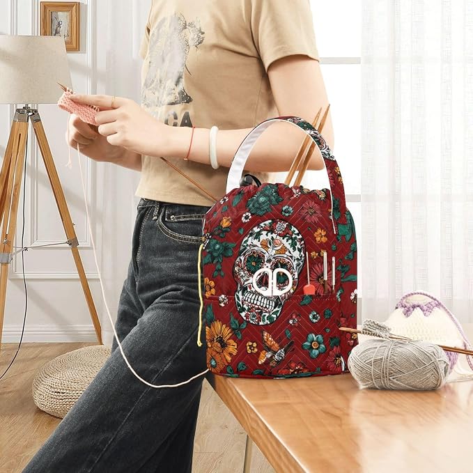 Tatenale Crochet Bag Yarn Bag Knitting Project Bag with Pockets and Handle Portable Yarn Storage Organizer Tangle Free 8.3x11 InchRed Meixcan Flag Skull03