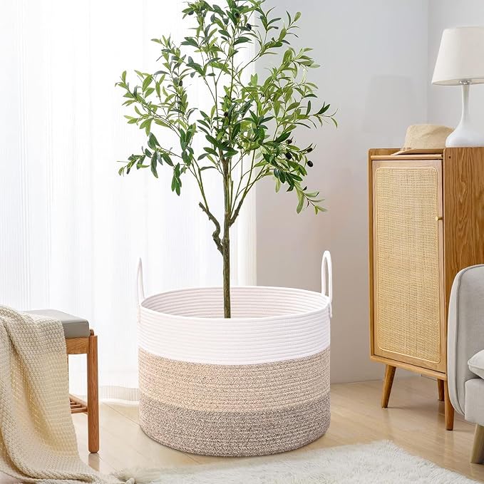 67L Large Woven Blanket Basket, Cotton Rope Baby Laundry Hamper with Handles, Kids Toy Basket for Classroom & Nursery, Soft Round Stuffed Animal Storage, Dog Toy Bin - 20"x13", Jute