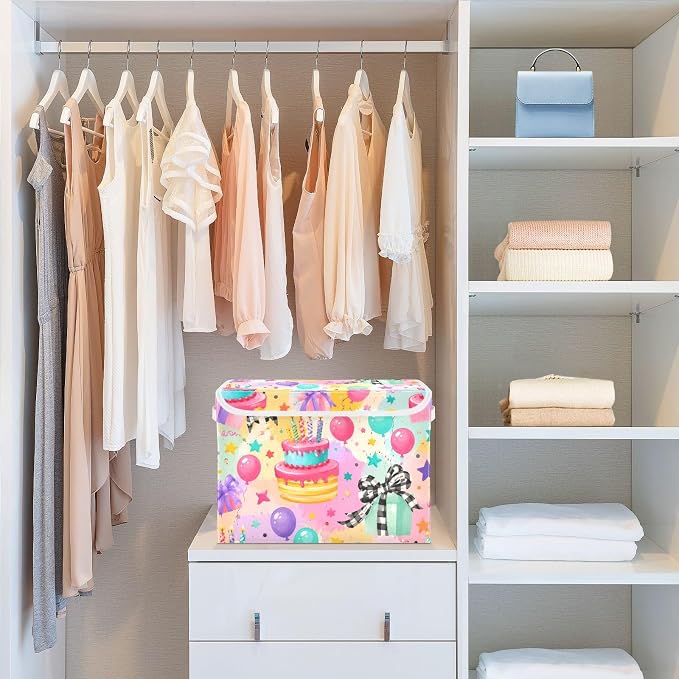 Birthday Cake Fabric Storage Bins with Lid Closet Storage Basket | Foldable & Stackable, Flip Top Dust Guard, Reinforced Handles, Home & Bedroom, Clothes & Toys, Oxford Print Basket