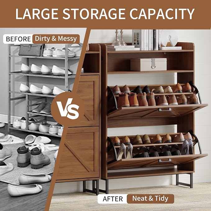 Xixini Shoe Storage Cabinet with 2 Flip Drawers, Entryway Shoe Rack, Walnut | Freestanding Narrow Shoe Storage, Hidden Slim Wood Shoe Organizer, Modern Farmhouse, Open Storage & Hooks for Closet, Hallway
