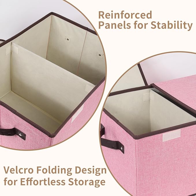 Foldable Fabric Storage Box, 16.5 x 11.8 x 9.8 inches (L x W x H), with Double-Lid & Dividers, Large Organizer for Home, Closet, Office(Pink, 3 Packs)