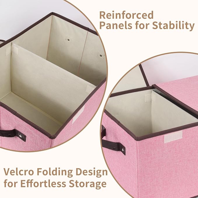 Foldable Fabric Storage Box, 16.5 x 11.8 x 9.8 inches (L x W x H), with Double-Lid & Dividers, Large Organizer for Home, Closet, Office(Pink, 4 Packs)