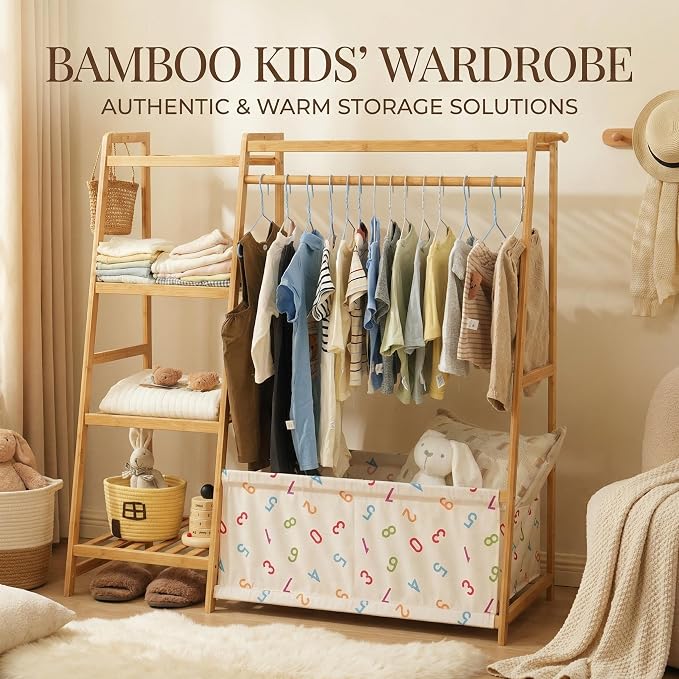 Baveke Kids Clothing Rack- Toddler Dress Up Rack with 5-Tier Open Shelves & Storage Bag, Baby Clothes Rack Small, FSC-Certified Bamboo Garment Rack & Free Standing Clothes Rack, Mini Clothing Rack