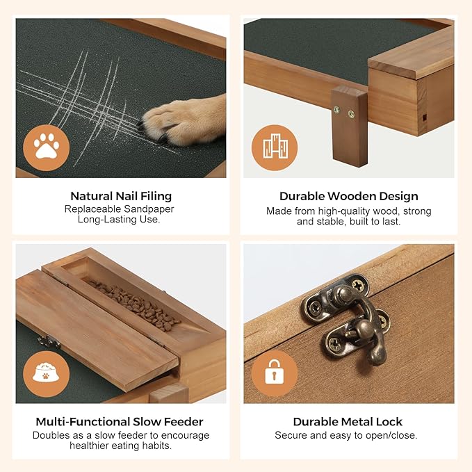 Dog Nail Scratch Board with Treat Drawer - Dog Scratch Pad for Nails - Durable Wooden Nail Filing Board for Stress-Free Grooming, Includes 3 Replacement Sandpaper Sheets