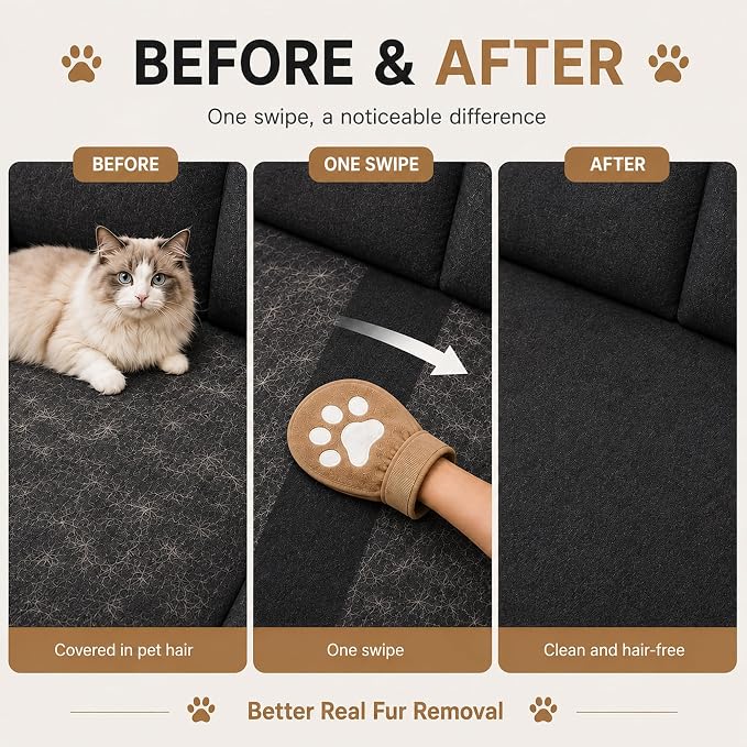 Paw Shape Pet Hair Remover Glove & Fur Storage Bag Set for Cats and Dogs (Beige), Washable Pet Hair Removr, Soft Lint Cleaning Glove for Sofa Carpet Bed Clothes