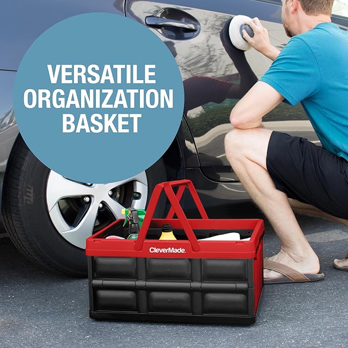 CleverMade Collapsible Shopping Basket, 32L Storage Crate, 1 Pack, Red | Carry Bigger Grocery Hauls with Confidence | Rigid Walls Hold 35 lb, While Top and Side Handles Balance the Load