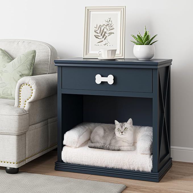 Cat End Table, Dog Crate Table Hidden Litter Box Enclosure with Drawer, Cat Side Table Storage Cabinet with Light and Pet Bed, Dog Kennel End Table, Nightstand for Living Room