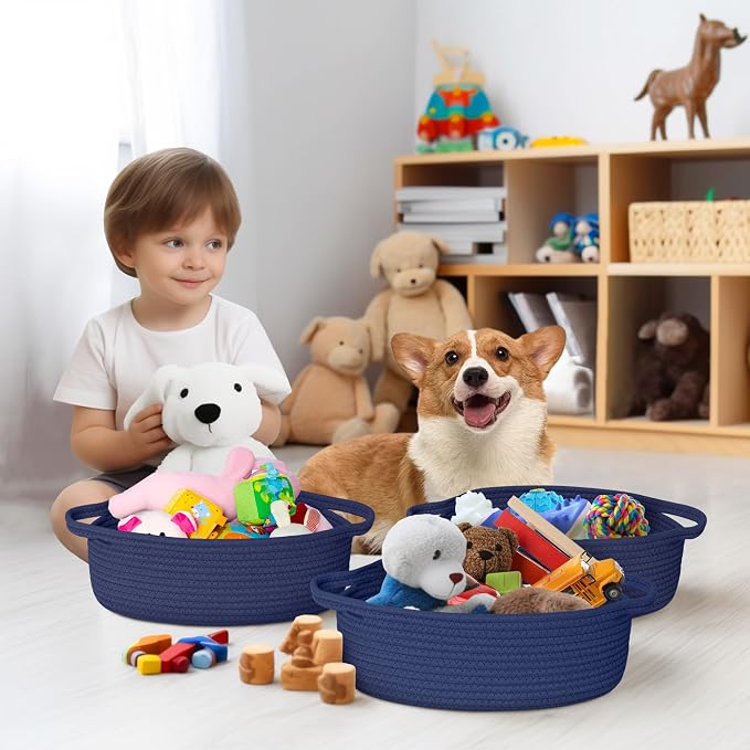 Small Baskets for Gifts Empty, 13"x 9"x 5" Woven Gift Basket with Bag and Ribbon, Cotton Rope Kids Dog Cat Toy Bin Box, Cute Baby Nursery Organizer, Decorative Storage with Handles,Dark Blue