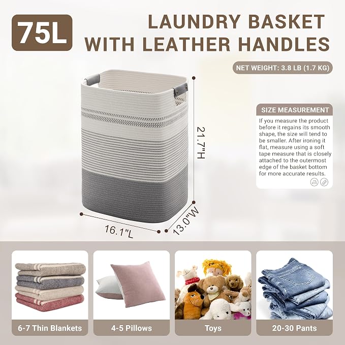 75L Tall Woven Laundry Basket Hamper with Leather Handles,Grey | collapsible wicker hamper, storage for dirty clothes, toys, blankets, gifts, living room, bedroom, bathroom, 16"x13"x22"