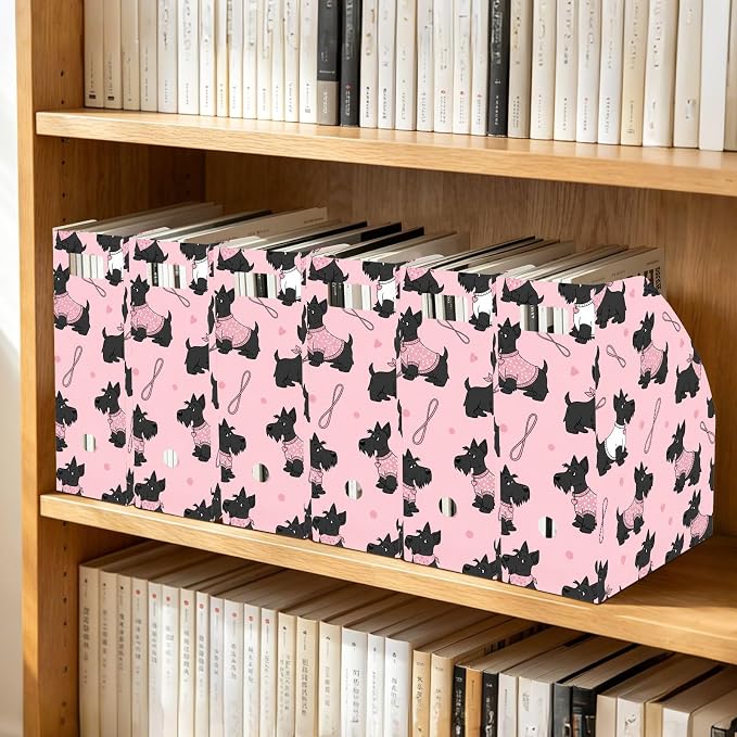 SPRIPORT Cute Pets Dogs Pink Print Water Resistant PP Magazine File Holder Organizer for Desk, Foldable Storage Rack for School Library Office Document Sorter with Labels 23x30x10cm (3 Pack)