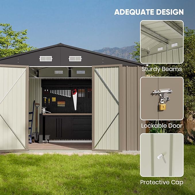 Patiowell 10x8 FT Outdoor Storage Shed with Floor Frame, Brown | Large Garden Tool Metal Shed, Sloping Roof, Double Lockable Door, Outdoor Shed For Backyard Garden Patio Lawn