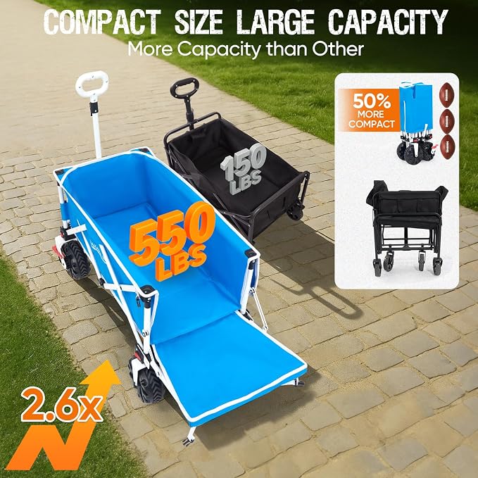 Old Bahama Bay 300lbs Extra Long 49" L Beach Wagon with Big Wheels with Brake for Sand, Collapsible Utility Beach Cart Heavy Duty Folding Wagon,Ideal for Outdoor Sand Camping Garden Pet