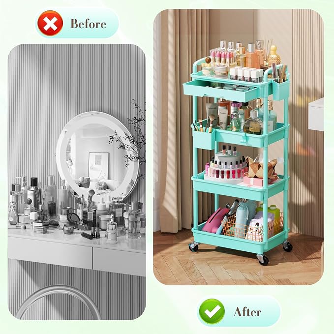 SUNALLY Makeup Cart Organizer with Drawer, 4 Tier Rolling Makeup Cart, Blue | Rolling Vanity Storage for Skin Care Perfume Nail Polish, Floor Skincare Organizers Cosmetics Display Bathroom Storage Cart