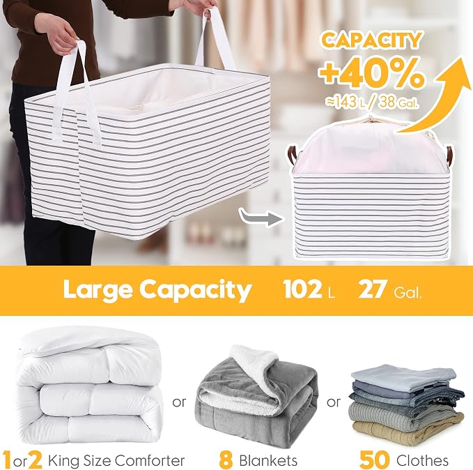 Hinwo 102L XXL Canvas Storage Bin with Lid and Handles, 2-Pack | Collapsible Fabric Baskets, Closet Shelf Organizers, Containers for Clothing, Blankets, Toys, Bedding (Gray Stripe)