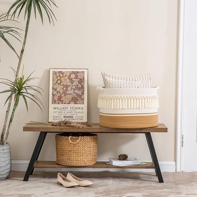 KAKAMAY Large Blanket Basket (20"x13"),Woven Baskets for storage Baby Laundry Hamper, Cotton Rope Blanket Basket for Living Room, Laundry, Nursery, Pillows, Baby Toy chest (White Fringe) | Extra Large Capacity | Natural Cotton Rope | Blanket Storage | ...