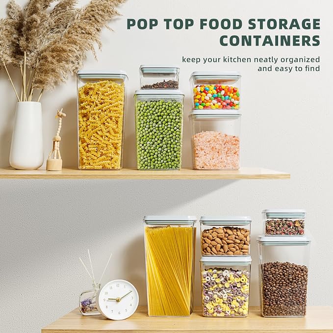 Airtight Food Storage Containers, 10-Piece, 5 Sizes, Pop-Top Lids | Clear Stackable Pantry Canisters for Flour, Sugar, Cereal, Pasta, Oats, Coffee, Snacks and Everyday Home Baking Ingredients