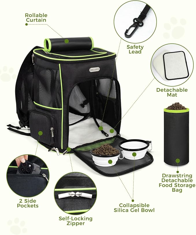 BAGLHER Expandable Cat Carrier Backpacks, Retractable Pet Carrier Backpack for Small Dogs & Cats with Breathable Mesh, Travel Bag Up to 18 Lbs for Hiking Camping Outdoor - Black