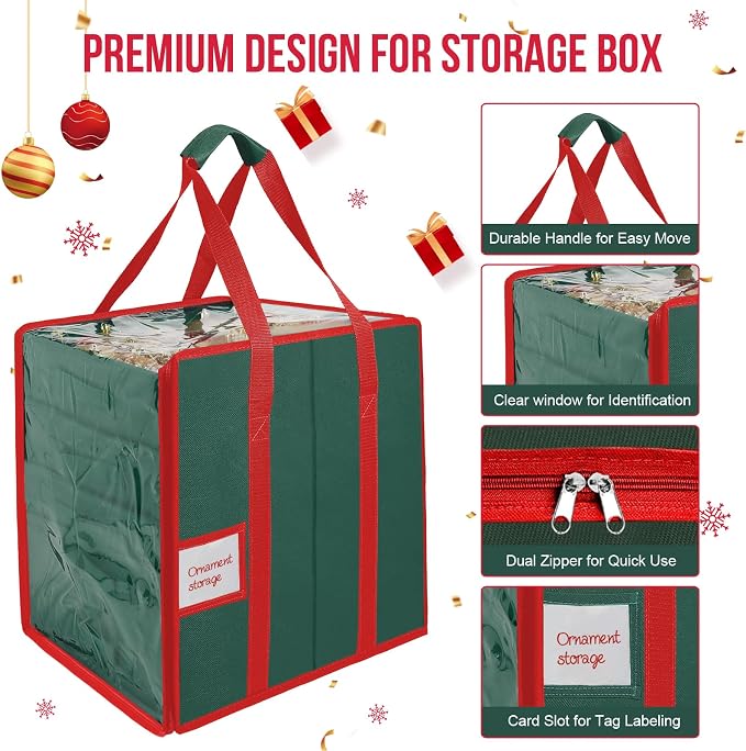 Christmas Ornament Storage Box,5 Tier Holds Up to 100-3” Holiday Décor | Xmas Ornament Organizer Container,Adjustable Dividers,Organizer Bin to Protect and Store Holiday Décor , 600D Oxford Fabric