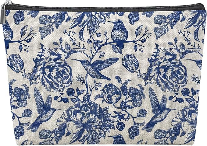 Blue and White Chinoiserie Empty Mahjong Tile Bag 13x7.8 Inch | Floral Bird Printed Portable Travel Case Organizer Zipper Pouch for American Mahjong Tiles Game Night Accessories and Gifts