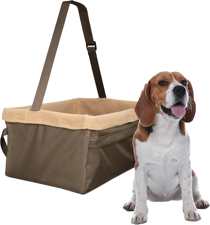 PetSafe Happy Ride Dog Booster Seat, Brown, Up to 18 lb | Raises Small Dogs to Window Height In Most Cars, Connects to Seatbelt with Safety Tether, Fleece Liner Is Machine Washable