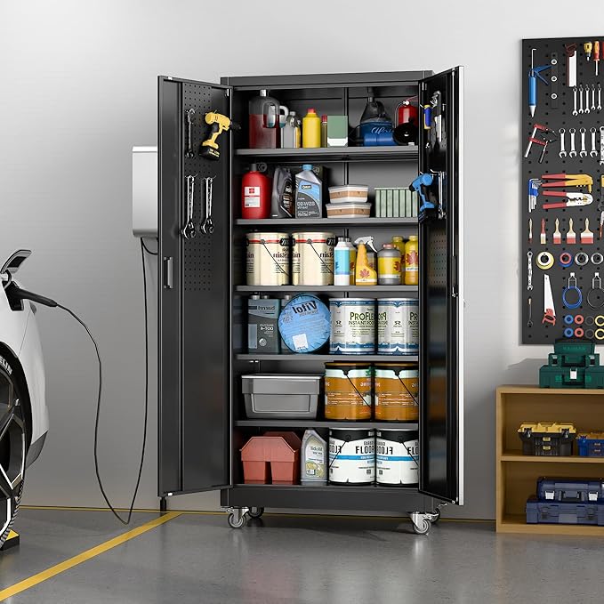 Black Metal Garage Storage Cabinet with Wheels, 34"W x 18"D x 71"H | 5 adjustable shelves hold up to 170 lb each; 4 lockable casters and lockable doors organize tools and supplies.